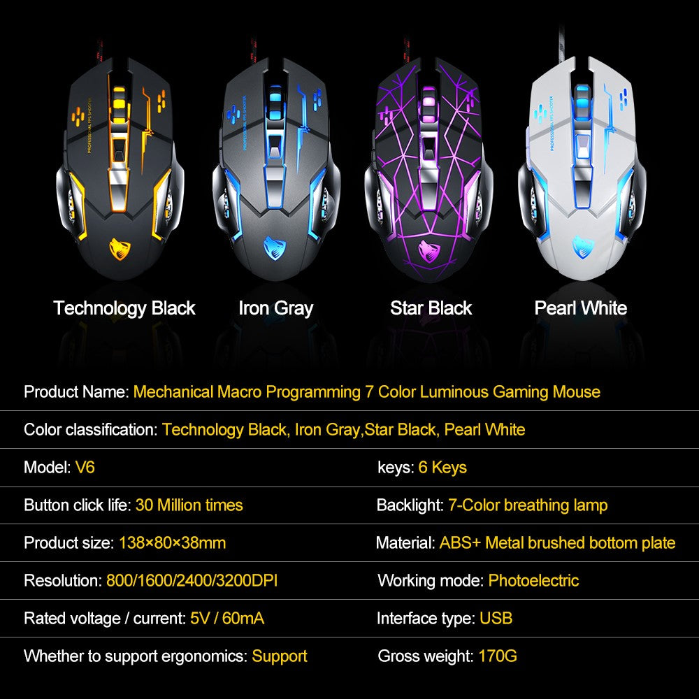 T-WOLF V6 USB Wired Mouse 6 Buttons Luminous Mechanical Computer Mouse