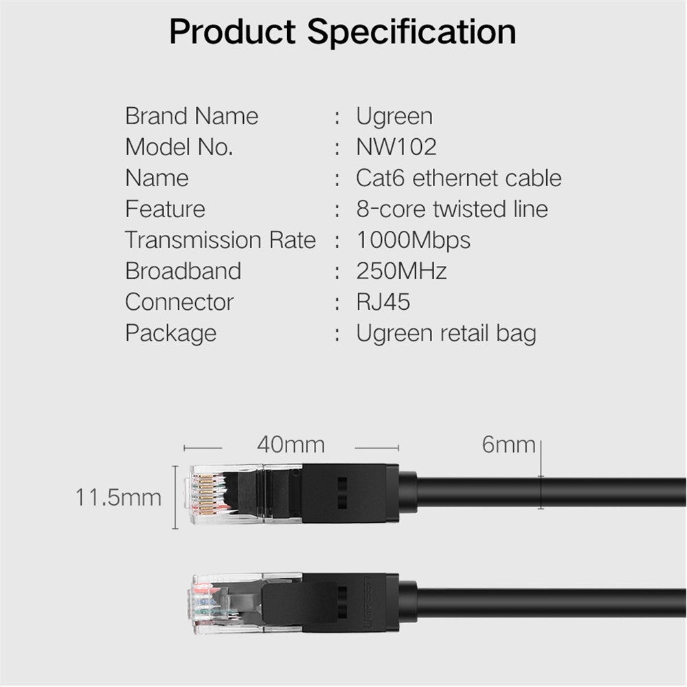 UGREEN 20164 Ethernet Cable Eight-Core 1000Mbps Cat6 Network LAN Cord UTP Gigabit Networking Cable 10m