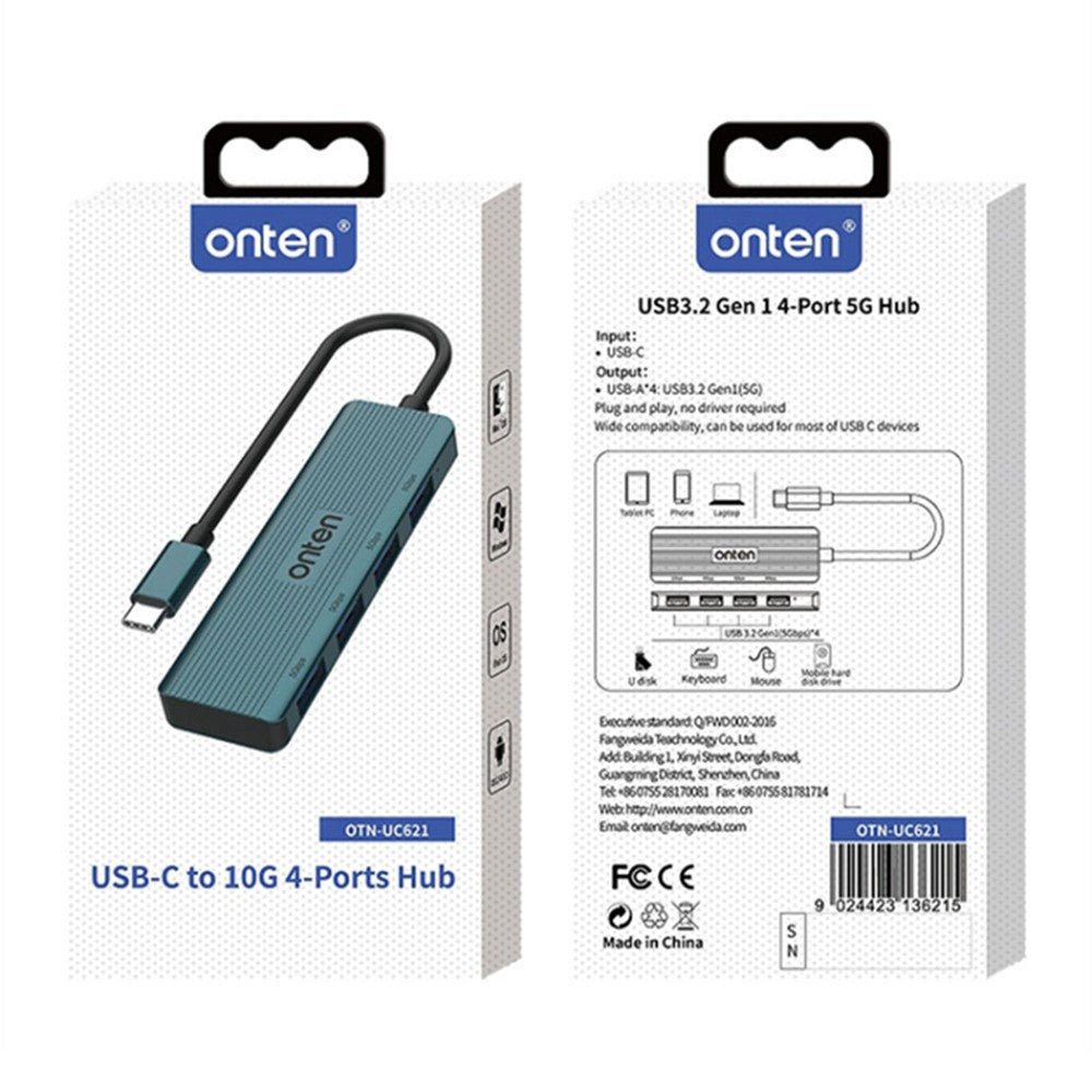 ONTEN UC621 15cm kabel Type-C til 4xUSB3.2 Gen1-porte USB-hub-splitter laptop-telefonadapter