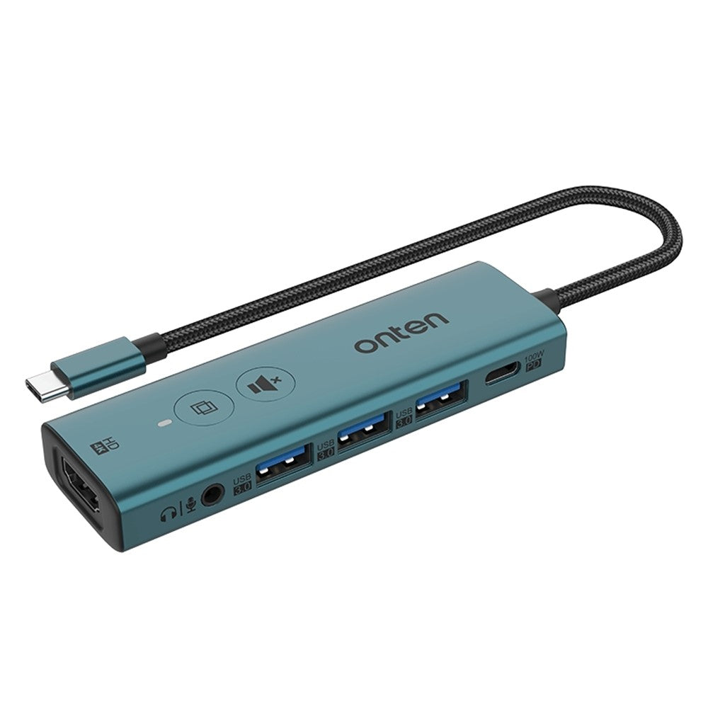 ONTEN UC123+ 15 cm kabel Type-C til HD+3xUSB3.0+USB-C+3.5mm porte USB Hub Adapter med knapper