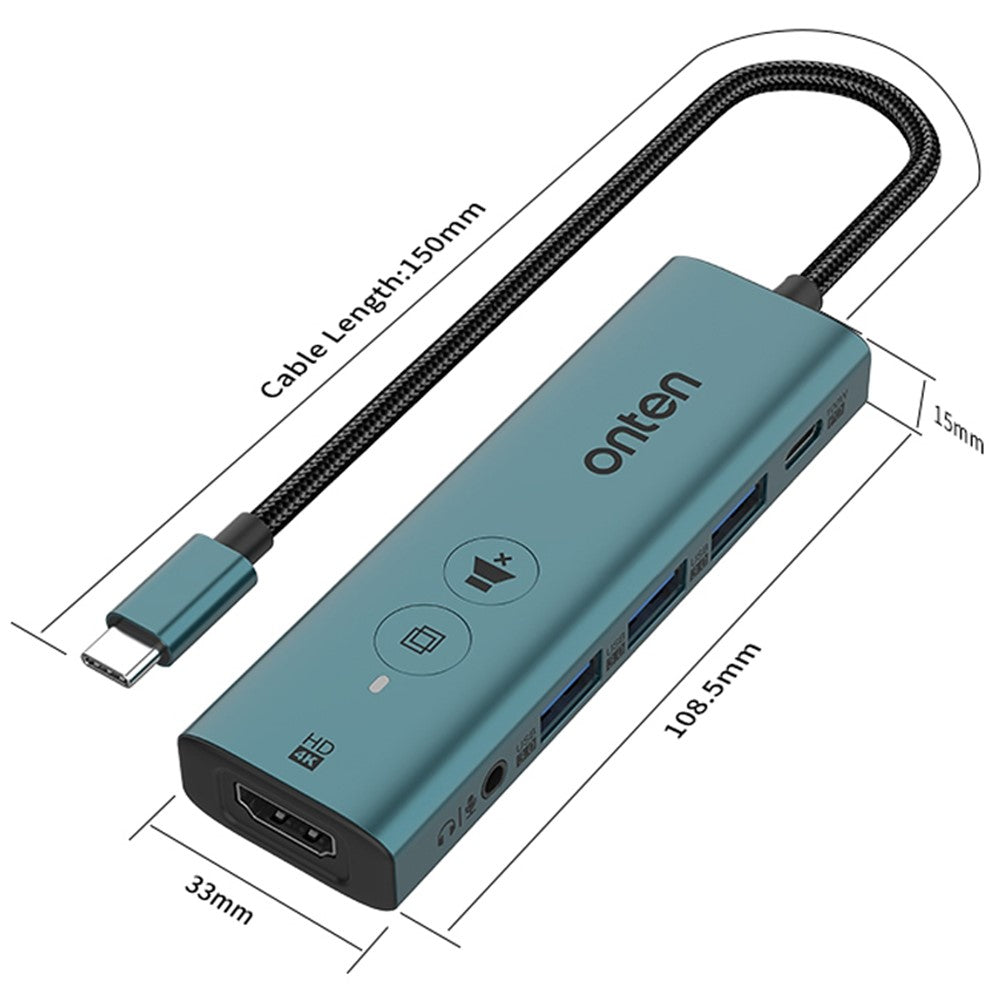 ONTEN UC123+ 15 cm kabel Type-C til HD+3xUSB3.0+USB-C+3.5mm porte USB Hub Adapter med knapper