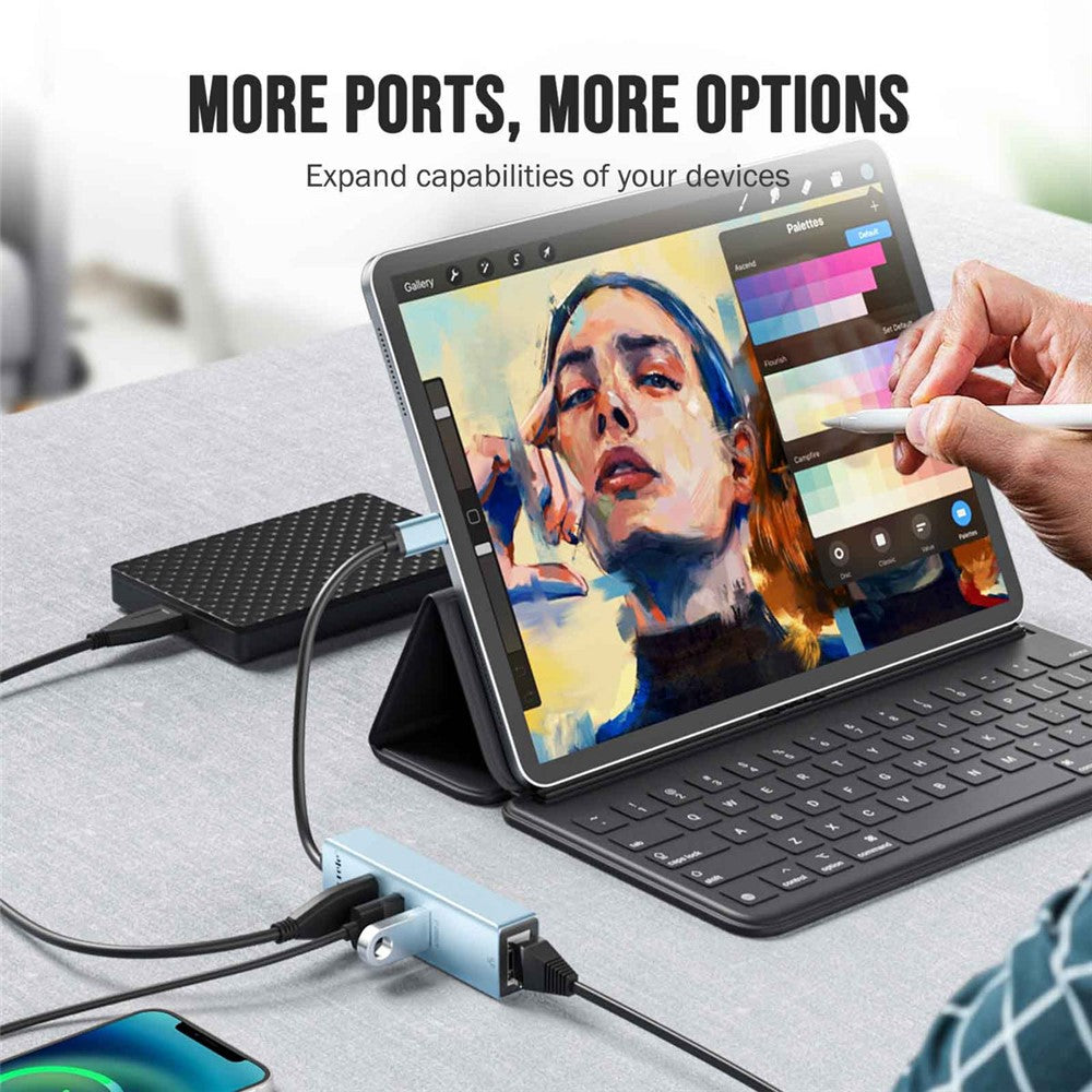 LEMORELE TC43L 4-i-1 USB-C Hub med USB 3.0 + 2 USB 2.0 + RJ45 Gigabit Ethernet-adapter til bærbar computer MacBook