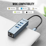 LEMORELE TC43L 4-i-1 USB-C Hub med USB 3.0 + 2 USB 2.0 + RJ45 Gigabit Ethernet-adapter til bærbar computer MacBook