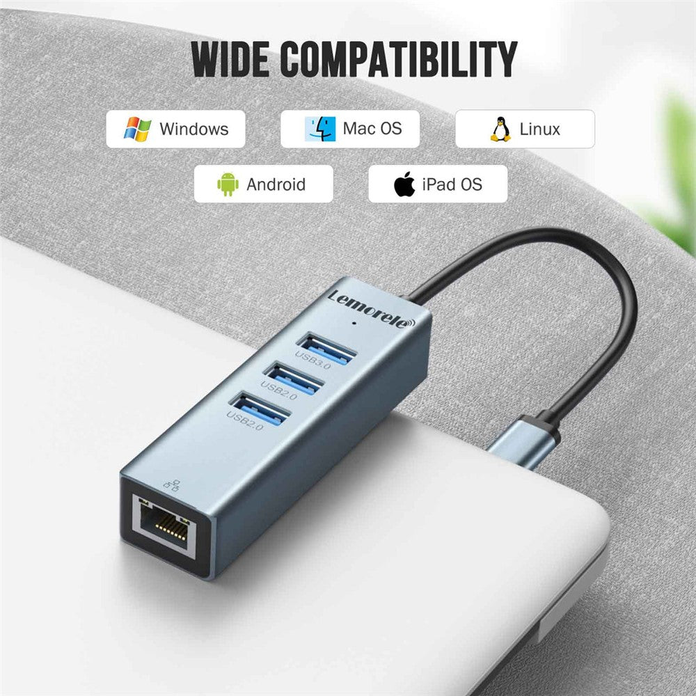 LEMORELE TC43L 4-i-1 USB-C Hub med USB 3.0 + 2 USB 2.0 + RJ45 Gigabit Ethernet-adapter til bærbar computer MacBook