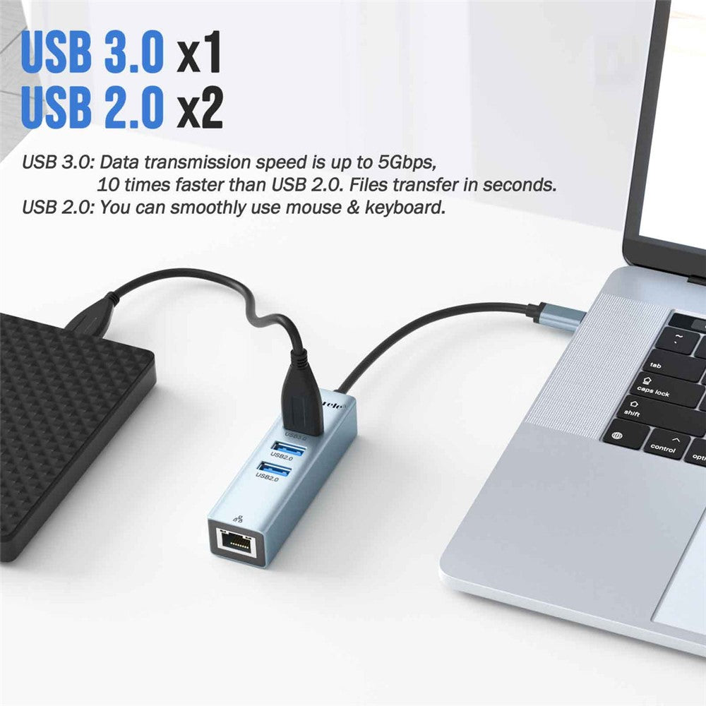 LEMORELE TC43L 4-i-1 USB-C Hub med USB 3.0 + 2 USB 2.0 + RJ45 Gigabit Ethernet-adapter til bærbar computer MacBook