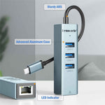 LEMORELE TC43L 4-i-1 USB-C Hub med USB 3.0 + 2 USB 2.0 + RJ45 Gigabit Ethernet-adapter til bærbar computer MacBook