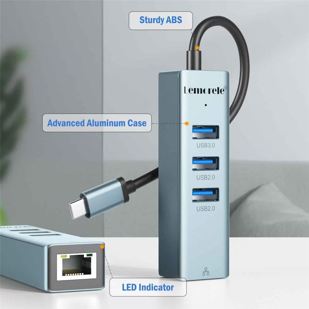 LEMORELE TC43L 4-i-1 USB-C Hub med USB 3.0 + 2 USB 2.0 + RJ45 Gigabit Ethernet-adapter til bærbar computer MacBook