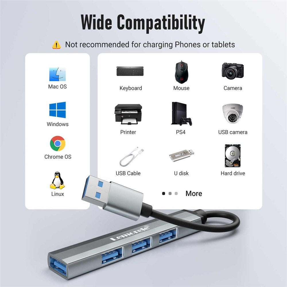 LEMORELE TC53 4 in 1 USB 3.0 Hub Aluminum Alloy 4-Port Expander Adapter for Laptop