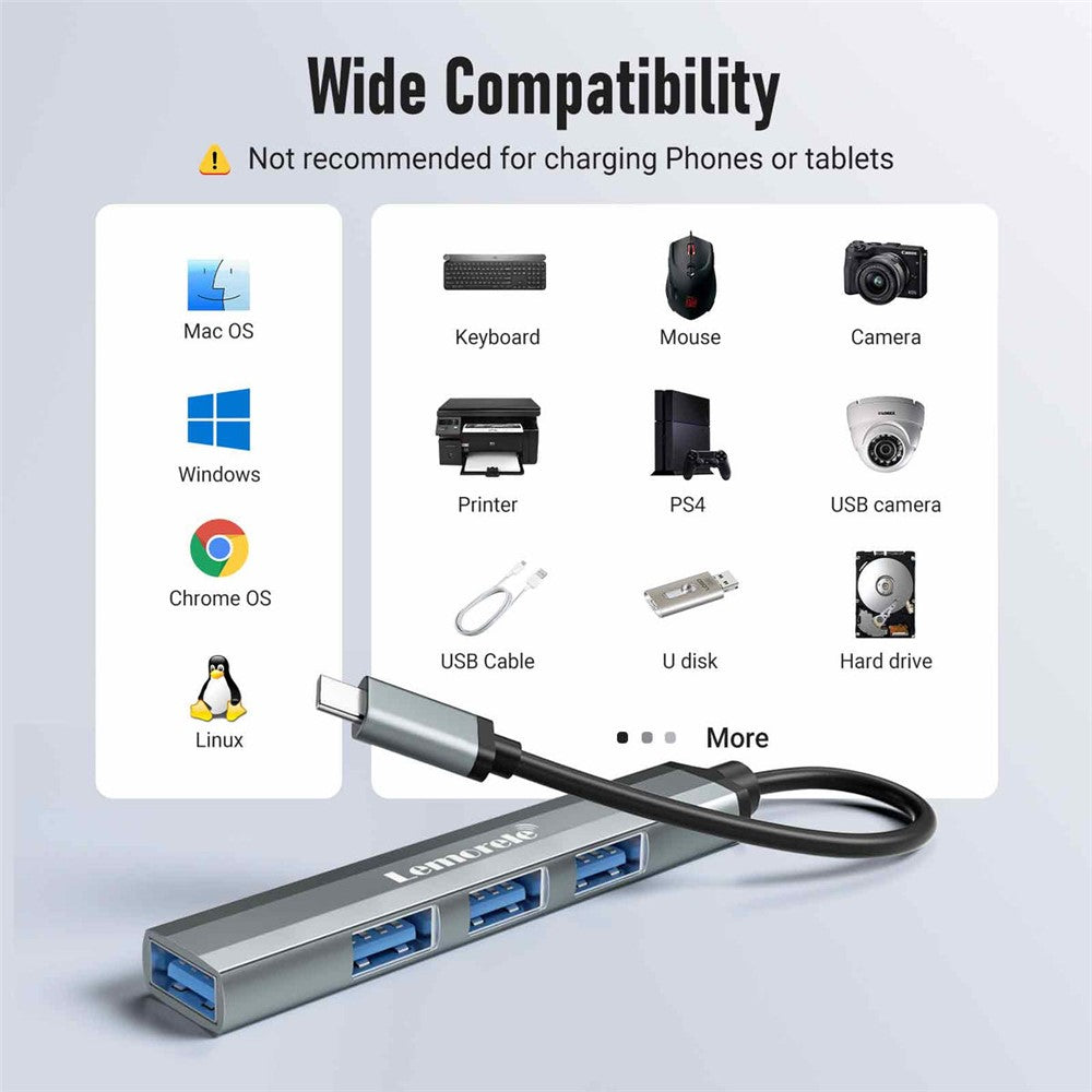 LEMORELE TC57 Portable USB-C Hub 4-Port USB 3.0 Splitter Adapter for Laptop Expansion Dock
