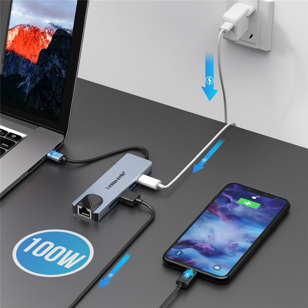 LEMORELE TC15L Plus 5 in 1 USB-C Hub PD 100W Charging USB 3.0 HD RJ45 Ethernet Expansion Dock