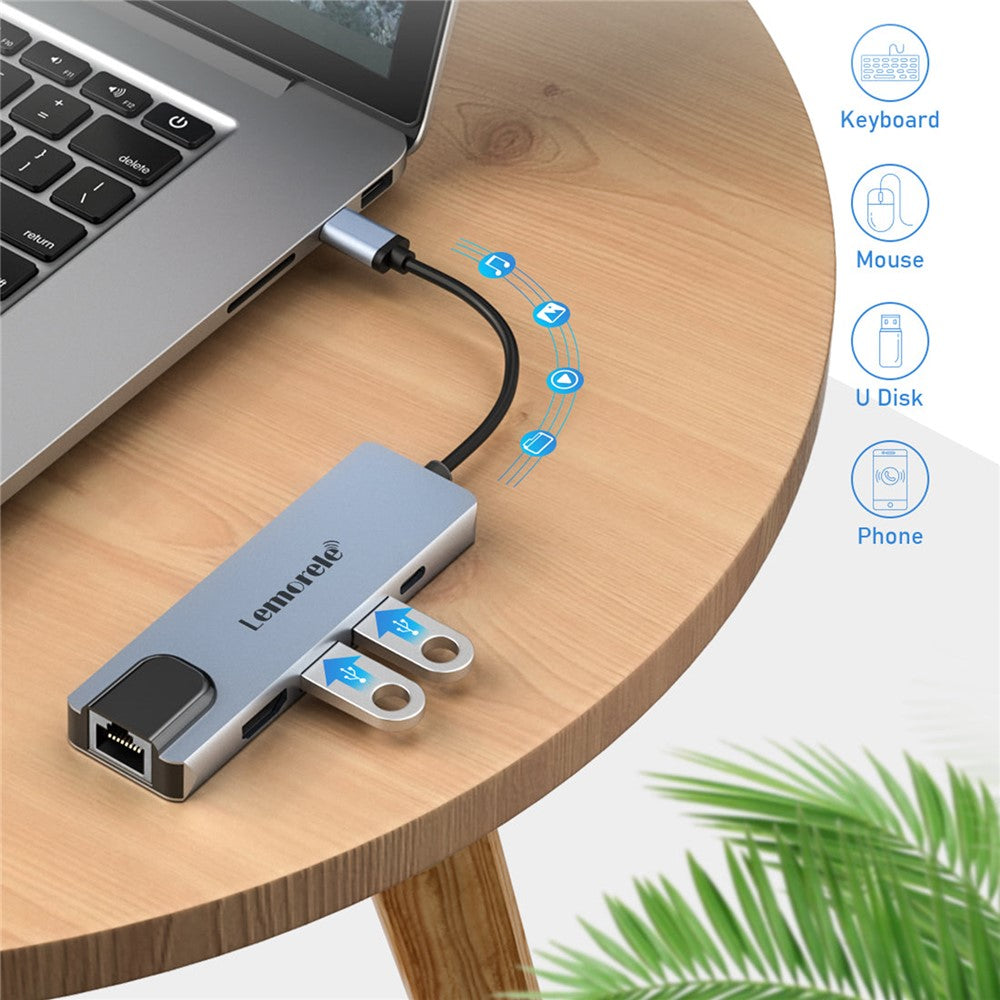 LEMORELE TC15L Plus 5 in 1 USB-C Hub PD 100W Charging USB 3.0 HD RJ45 Ethernet Expansion Dock