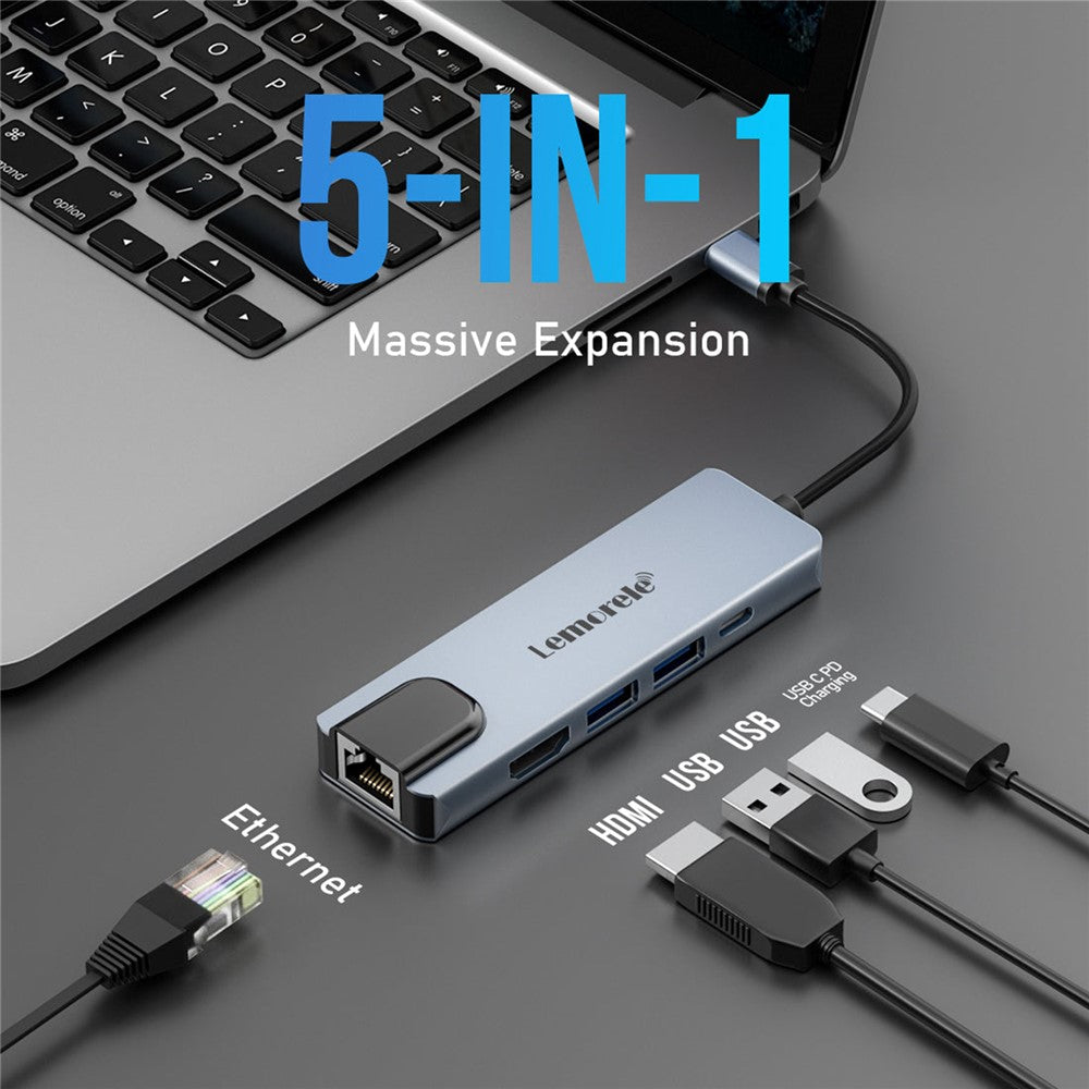 LEMORELE TC15L Plus 5 in 1 USB-C Hub PD 100W Charging USB 3.0 HD RJ45 Ethernet Expansion Dock