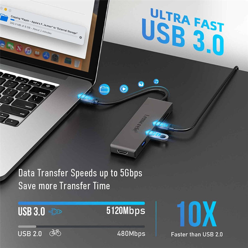 LEMORELE TC23L 6 in 1 USB-C Hub 4K HD 3x USB3.0 Docking Station SD / TF Card Reader