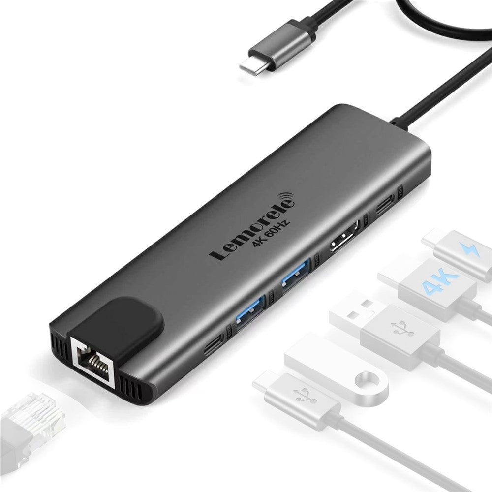 LEMORELE TC44L 6 in 1 USB-C Hub PD 100W Charging 4K / 60Hz HD Ethernet USB 3.0 Multi-port Adapter