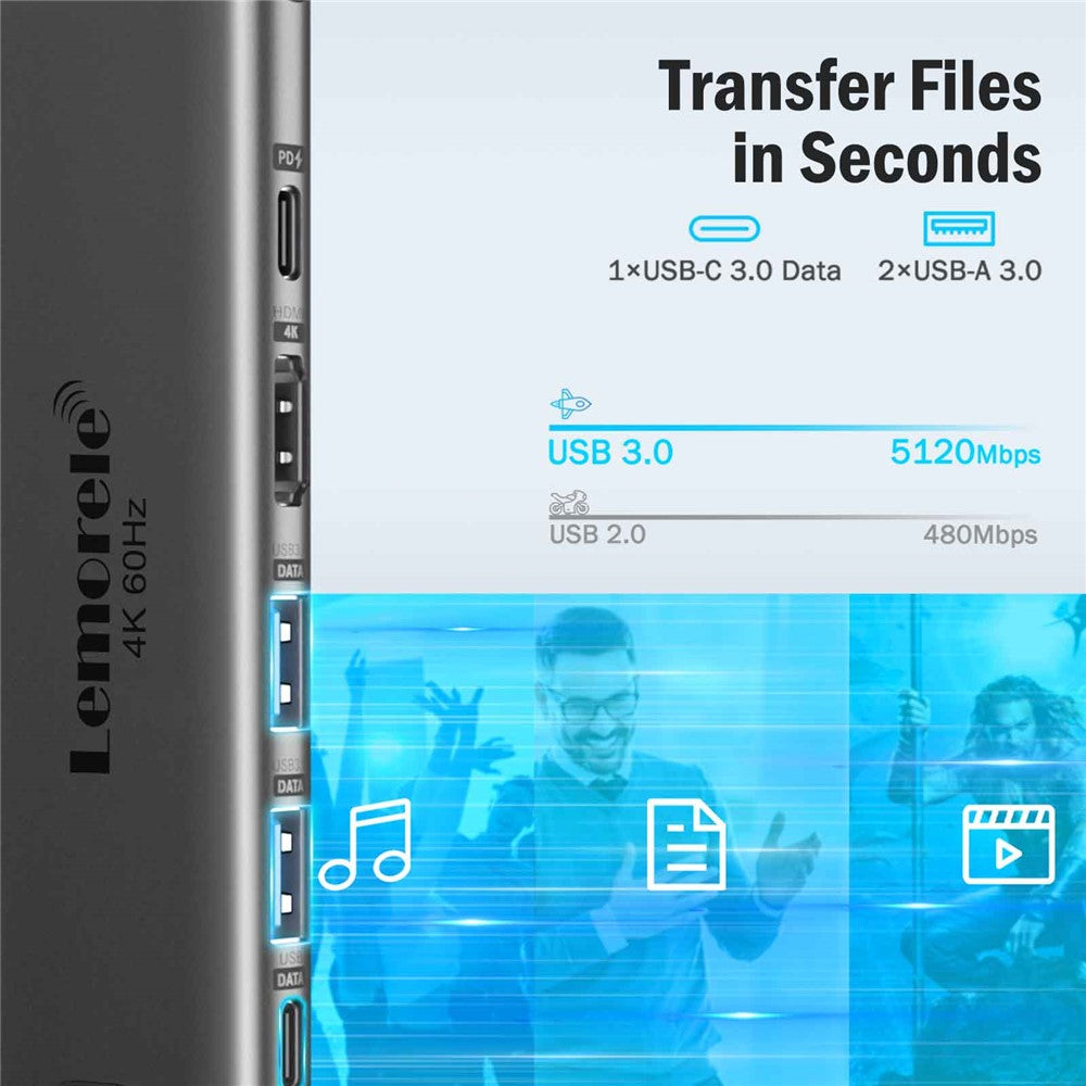 LEMORELE TC44L 6 in 1 USB-C Hub PD 100W Charging 4K / 60Hz HD Ethernet USB 3.0 Multi-port Adapter