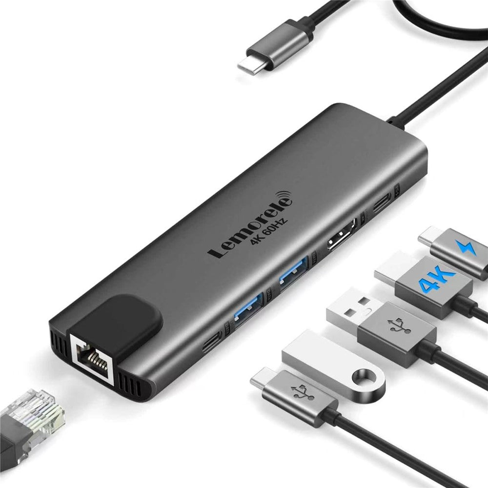 LEMORELE TC44L 6 in 1 USB-C Hub PD 100W Charging 4K / 60Hz HD Ethernet USB 3.0 Multi-port Adapter