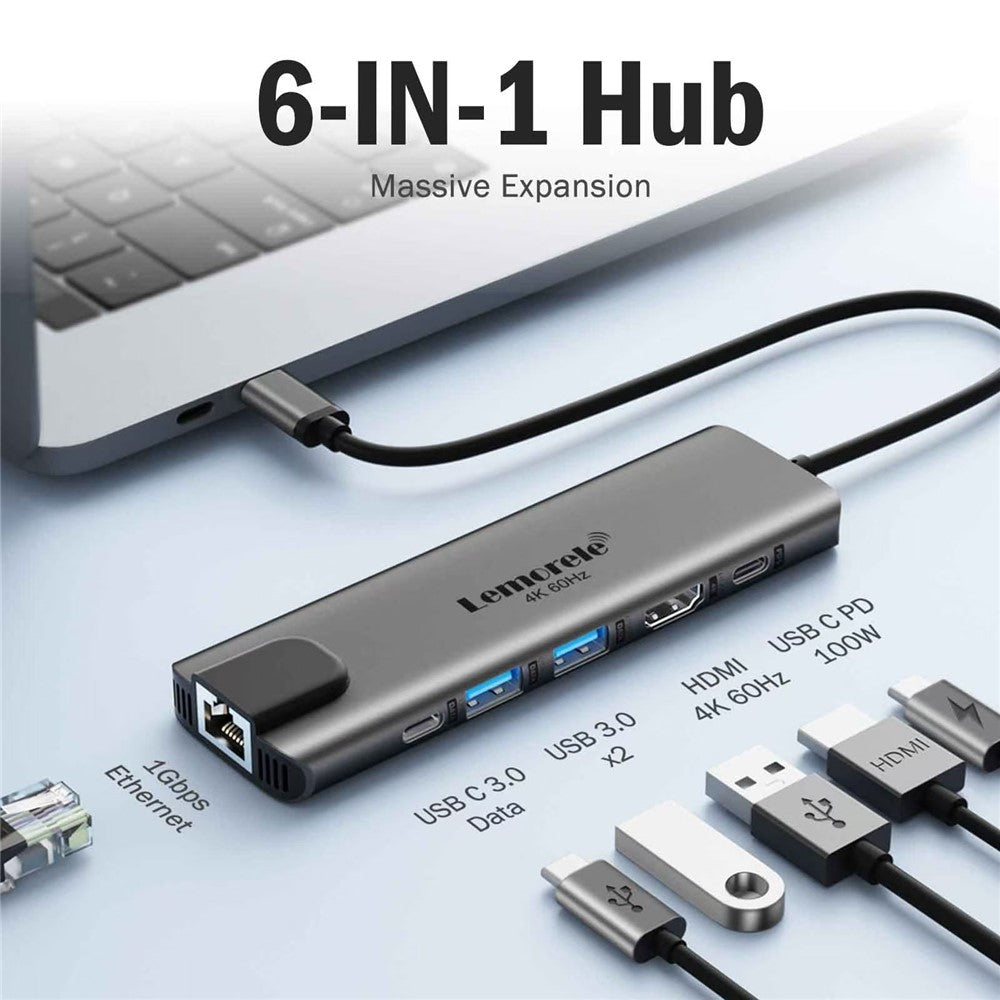 LEMORELE TC44L 6 in 1 USB-C Hub PD 100W Charging 4K / 60Hz HD Ethernet USB 3.0 Multi-port Adapter