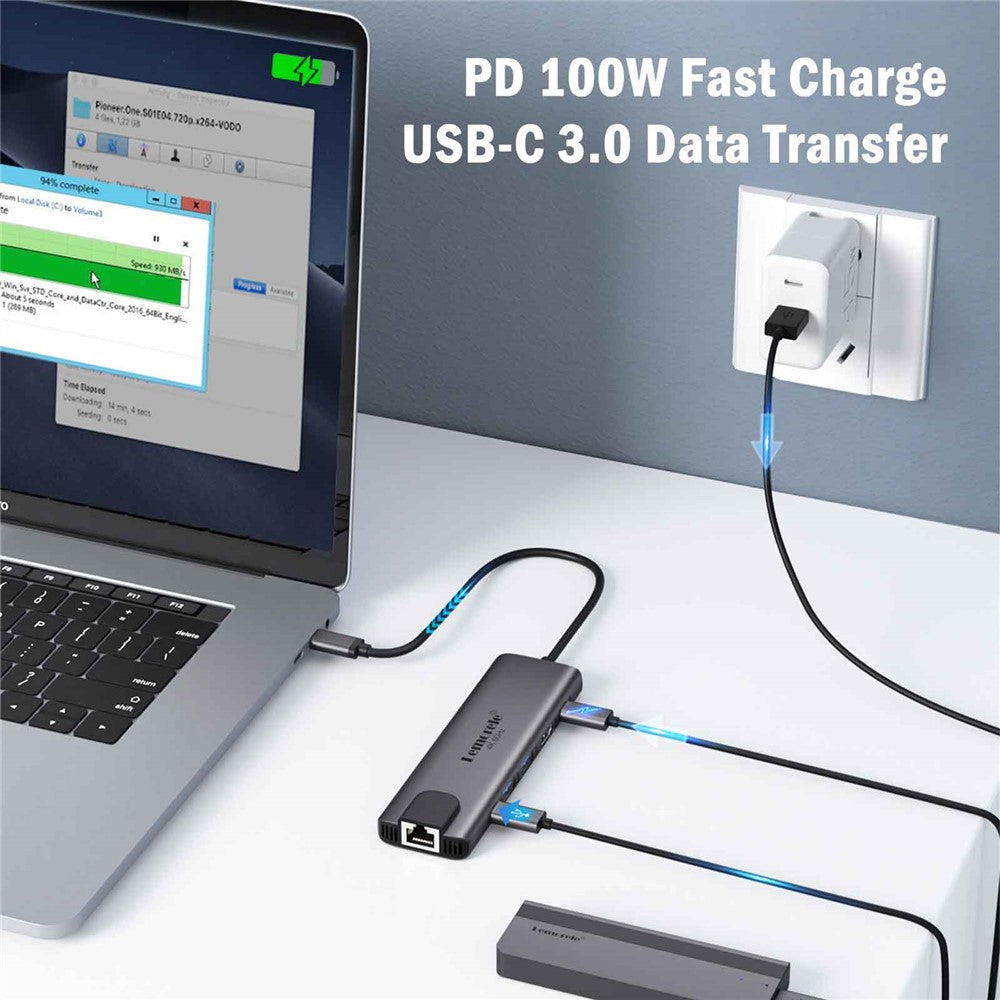 LEMORELE TC44L 6 in 1 USB-C Hub PD 100W Charging 4K / 60Hz HD Ethernet USB 3.0 Multi-port Adapter