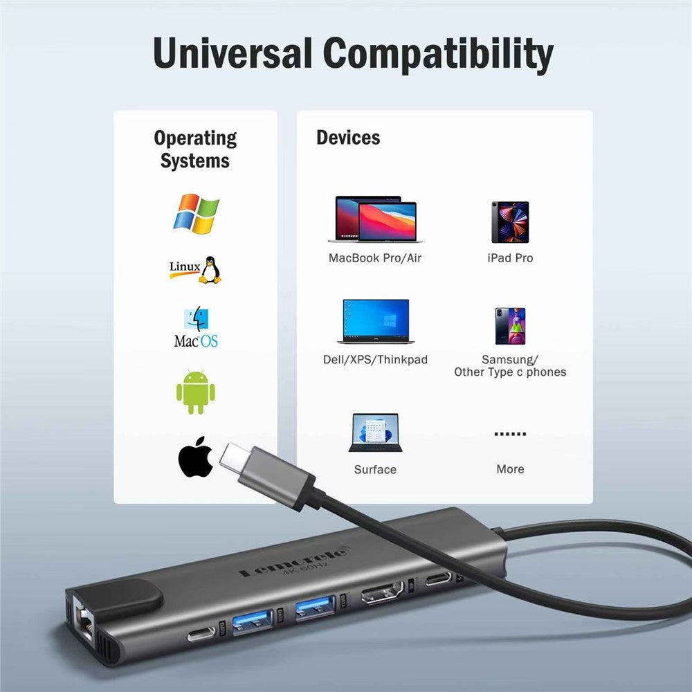 LEMORELE TC44L 6 in 1 USB-C Hub PD 100W Charging 4K / 60Hz HD Ethernet USB 3.0 Multi-port Adapter