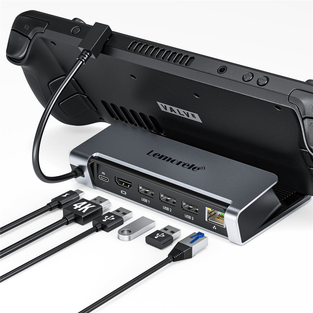 LEMORELE X23L 6-i-1 dockningsstation för Steam Deck / Nintendo Switch / Asus ROG Ally (2023) PD 100W laddningsbar 4K / 30Hz HD Ethernet-hub