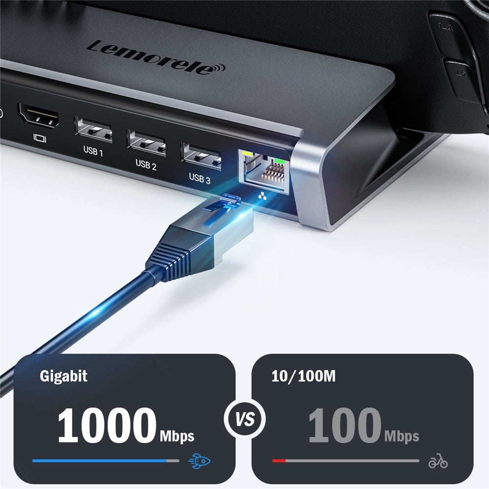 LEMORELE X23L 6-i-1 dockningsstation för Steam Deck / Nintendo Switch / Asus ROG Ally (2023) PD 100W laddningsbar 4K / 30Hz HD Ethernet-hub