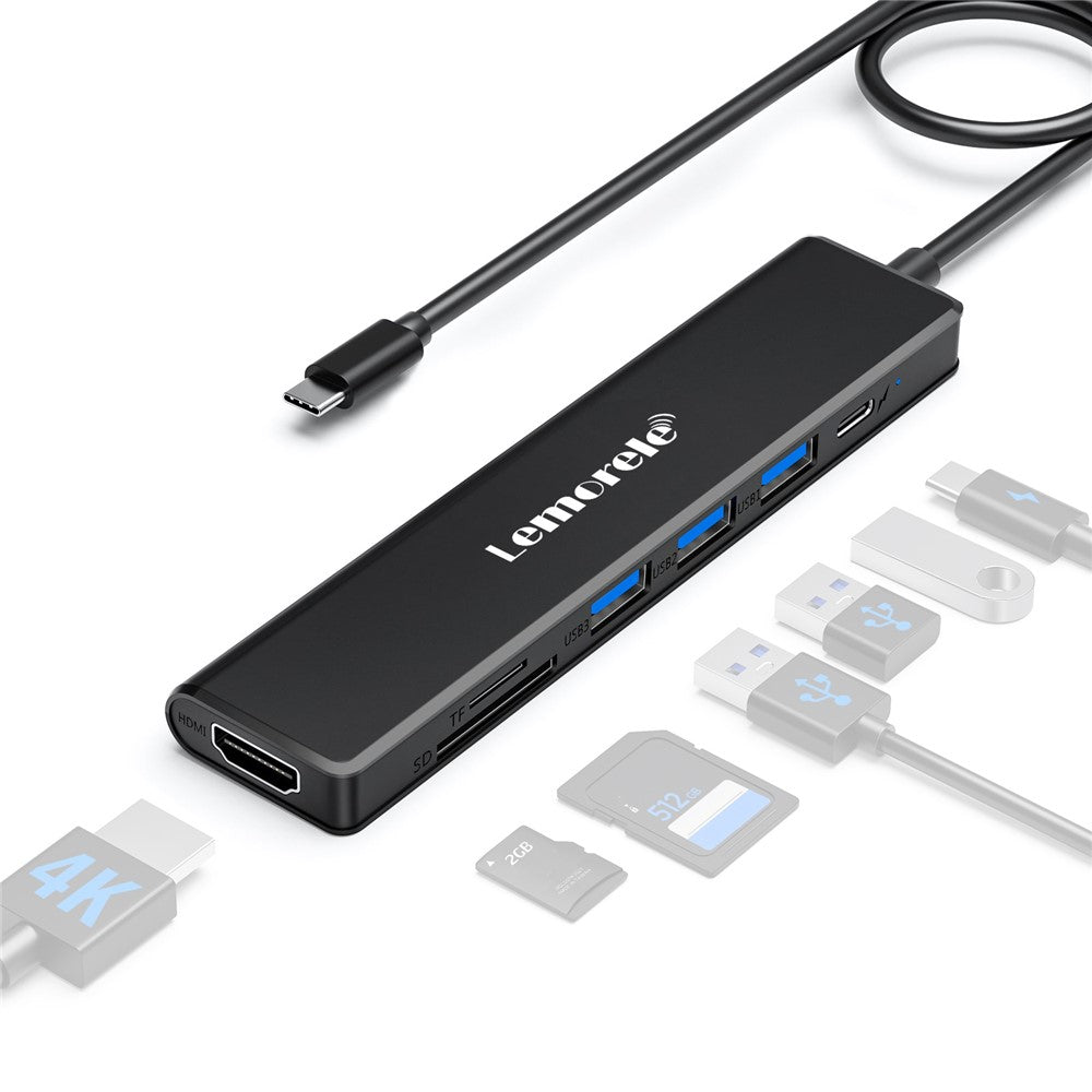 LEMORELE TC90 7 in 1 USB-C Hub PD 100W Fast Charging 4K HD 3x USB 3.0 Dock SD TF Card Reader