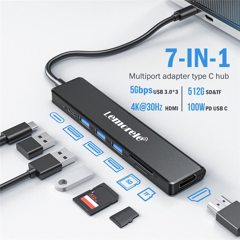LEMORELE TC90 7 in 1 USB-C Hub PD 100W Fast Charging 4K HD 3x USB 3.0 Dock SD TF Card Reader