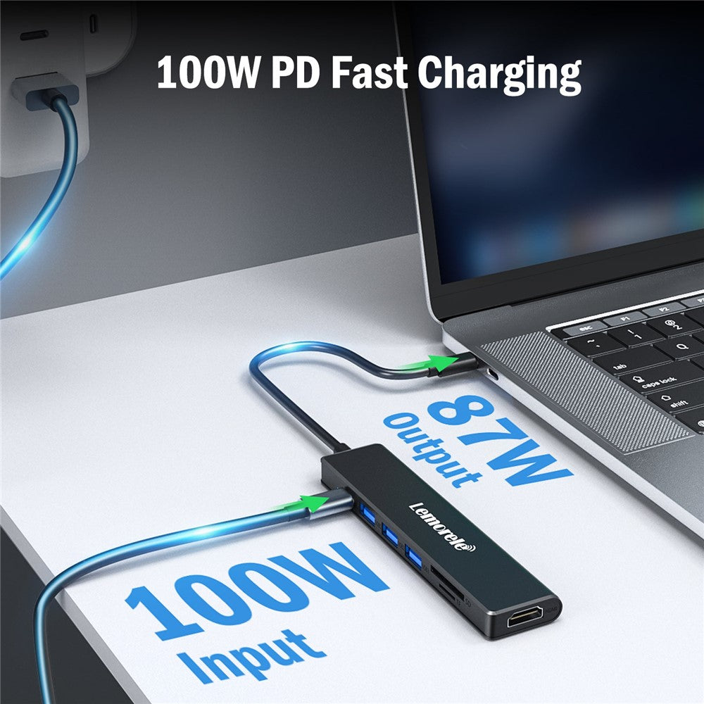 LEMORELE TC90 7 in 1 USB-C Hub PD 100W Fast Charging 4K HD 3x USB 3.0 Dock SD TF Card Reader