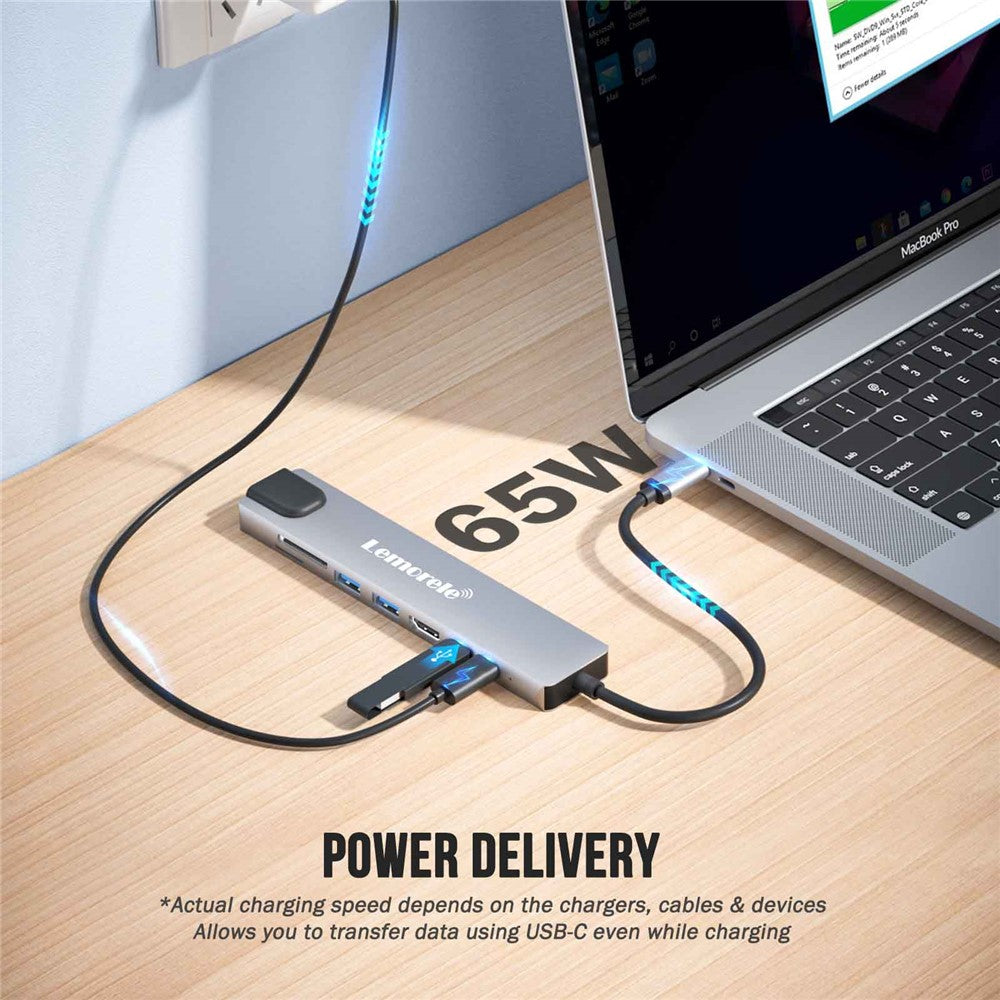 LEMORELE TC19L 8 in 1 USB-C Hub PD 65W Charging 4K HD Gigabit Ethernet Expansion Dock SD / TF Card Reader