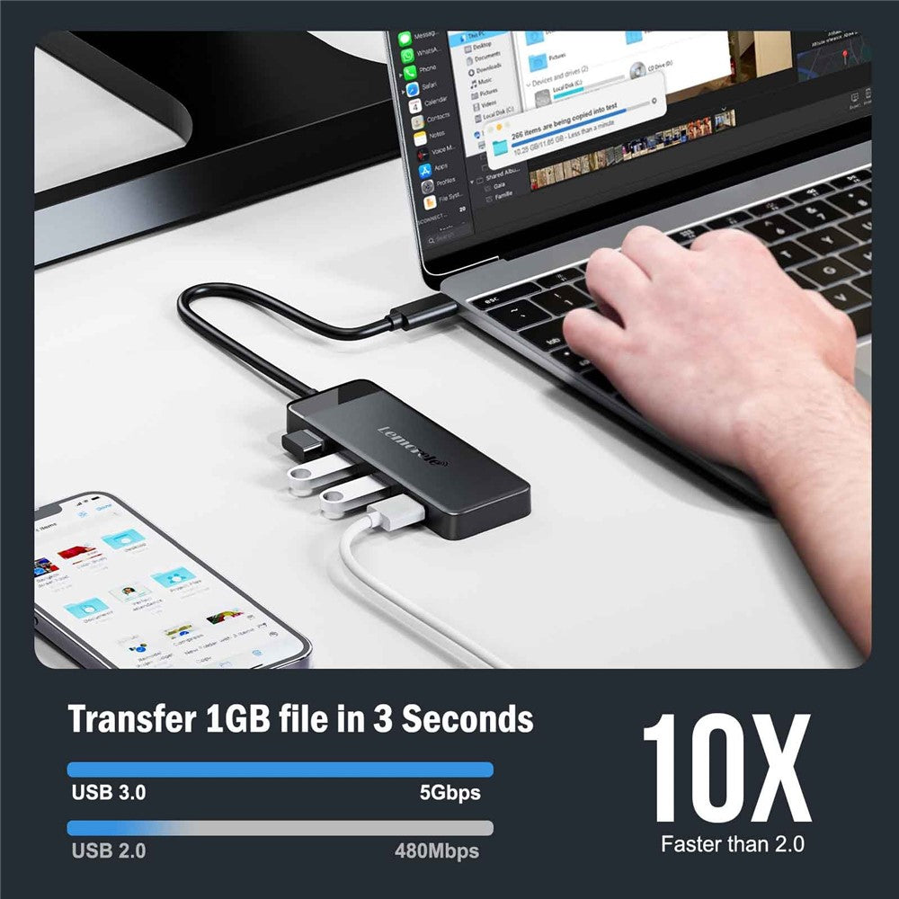 LEMORELE TC92 9 in 1 USB-C Hub PD 100W Fast Charging 4K HD USB 3.0 Docking Station SD / TF Card Reader