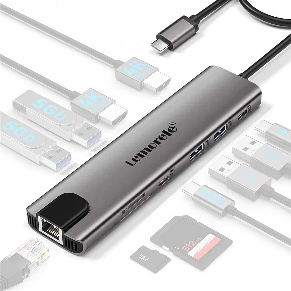 LEMORELE TC65L 11-i-1 USB-C-hub, Gigabit RJ45, dobbelt HD 4K, PD 100W, hurtigopladningskortlæser og dockingstation til MacBook-bærbar computer