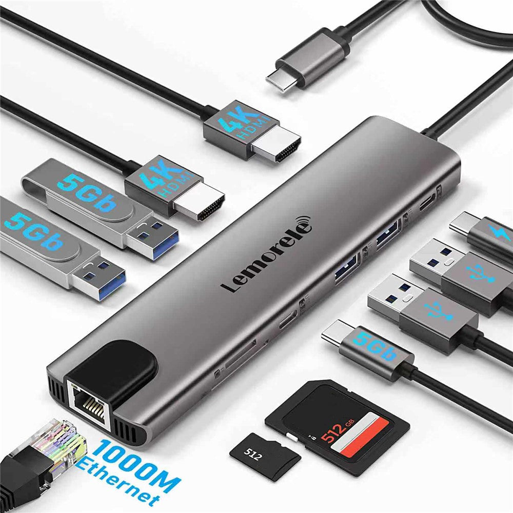 LEMORELE TC65L 11-i-1 USB-C-hub, Gigabit RJ45, dobbelt HD 4K, PD 100W, hurtigopladningskortlæser og dockingstation til MacBook-bærbar computer