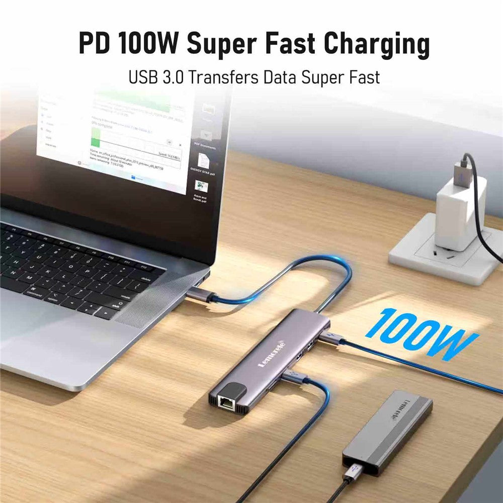 LEMORELE TC65L 11-i-1 USB-C-hub, Gigabit RJ45, dobbelt HD 4K, PD 100W, hurtigopladningskortlæser og dockingstation til MacBook-bærbar computer