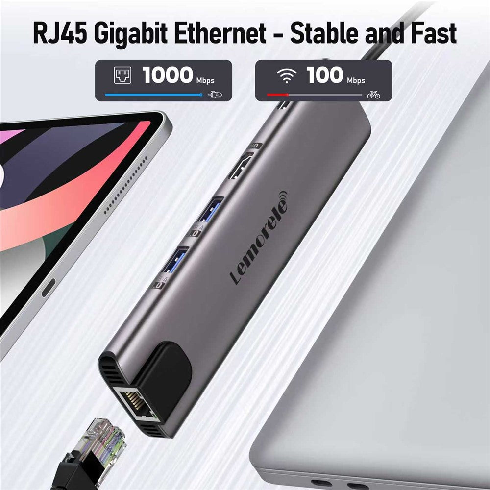 LEMORELE TC65L 11-i-1 USB-C-hub, Gigabit RJ45, dobbelt HD 4K, PD 100W, hurtigopladningskortlæser og dockingstation til MacBook-bærbar computer