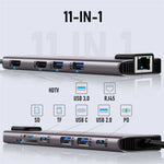 LEMORELE TC65L 11-i-1 USB-C-hub, Gigabit RJ45, dobbelt HD 4K, PD 100W, hurtigopladningskortlæser og dockingstation til MacBook-bærbar computer