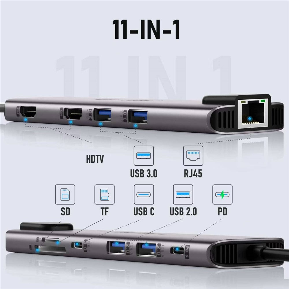 LEMORELE TC65L 11-i-1 USB-C-hub, Gigabit RJ45, dobbelt HD 4K, PD 100W, hurtigopladningskortlæser og dockingstation til MacBook-bærbar computer
