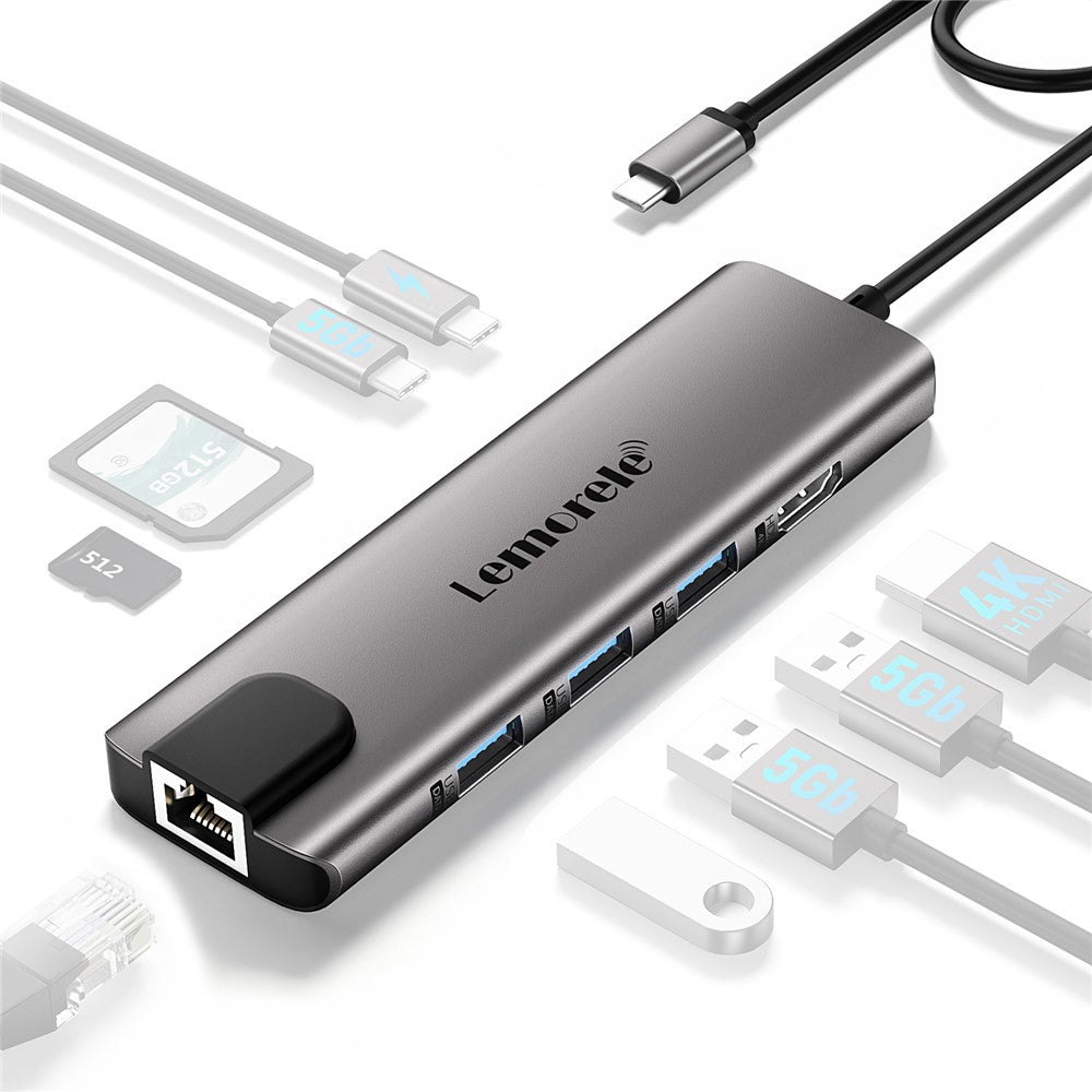 LEMORELE TC39 9 in 1 USB-C Hub Docking Station, RJ-45 Ethernet + 4K HD + Dual USB-C + SD + TF + 3 USB 3.0 + Type-C PD
