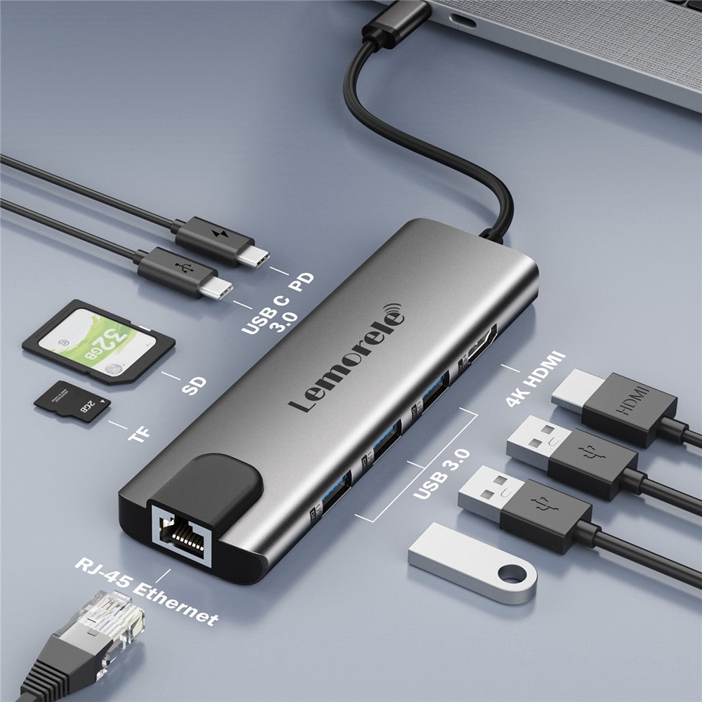 LEMORELE TC39 9 in 1 USB-C Hub Docking Station, RJ-45 Ethernet + 4K HD + Dual USB-C + SD + TF + 3 USB 3.0 + Type-C PD