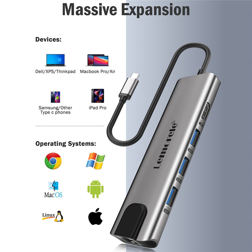 LEMORELE TC39 9 in 1 USB-C Hub Docking Station, RJ-45 Ethernet + 4K HD + Dual USB-C + SD + TF + 3 USB 3.0 + Type-C PD