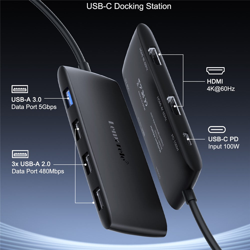 LEMORELE TC510 USB-C 7-i-1 Hub Dobbelt HD 4K 60Hz PD 100W Opladnings-dockingstation til bærbar computer