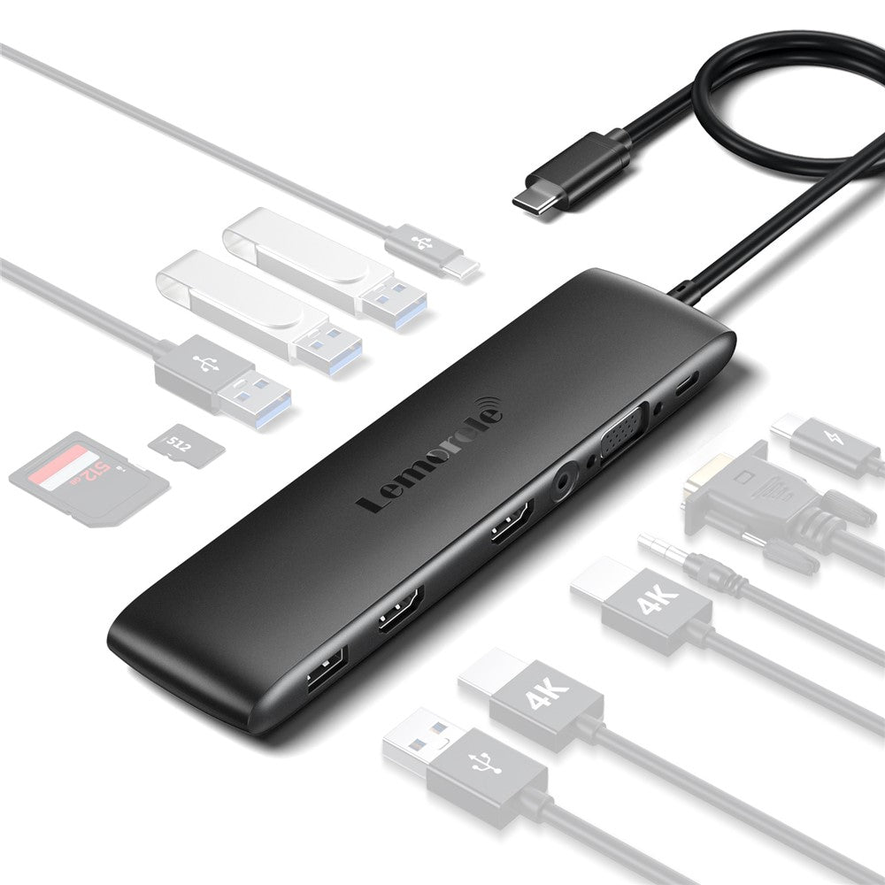 LEMORELE TC97 12 in 1 USB C Hub Dual HD + VGA 10Gbps High Speed USB Card Reader Laptop Docking Station