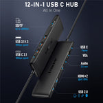 LEMORELE TC97 12 in 1 USB C Hub Dual HD + VGA 10Gbps High Speed USB Card Reader Laptop Docking Station