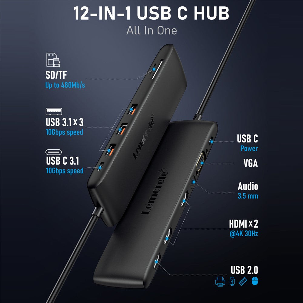 LEMORELE TC97 12 in 1 USB C Hub Dual HD + VGA 10Gbps High Speed USB Card Reader Laptop Docking Station