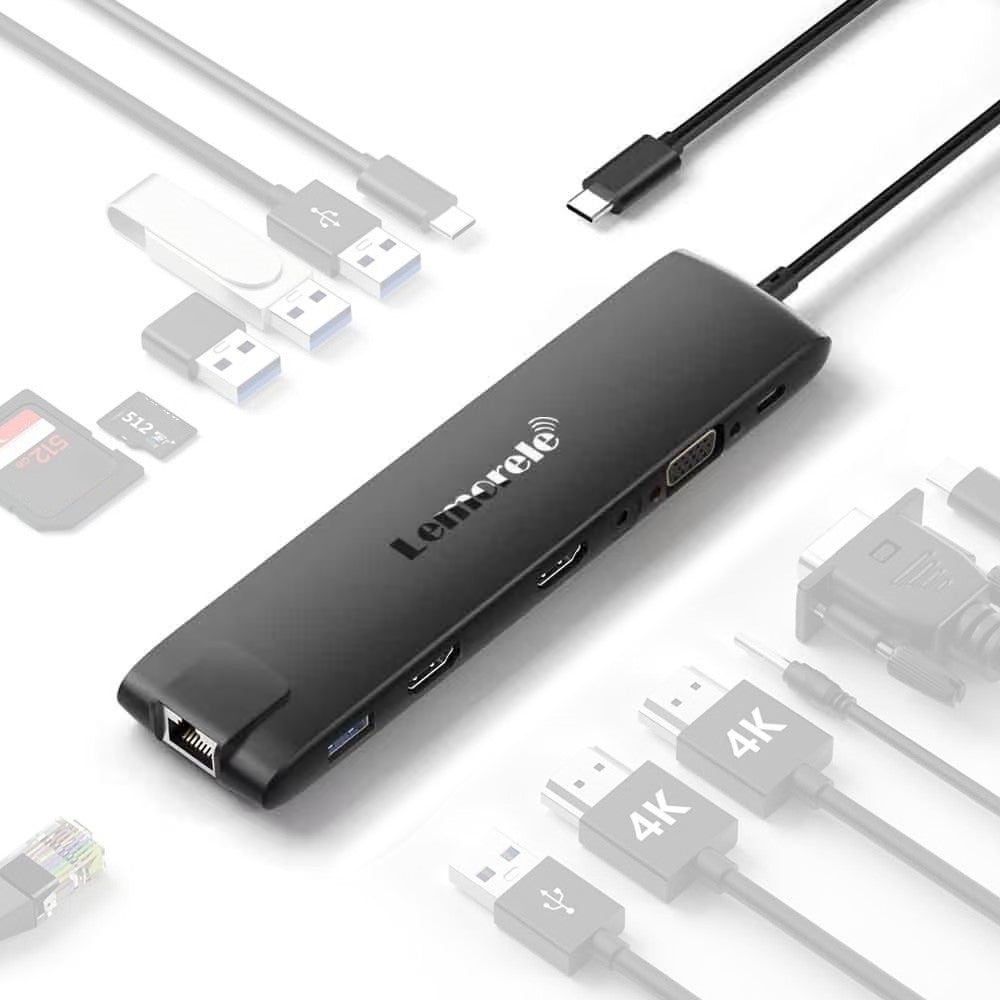 LEMORELE TC96 13-i-1 USB-C Hub Dockingstation Gigabit Ethernet Tredobbelt Skærm 4K HD VGA til Bærbar til Erhverv