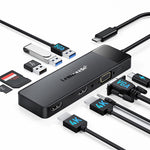 LEMORELE TC94 10-in-1 USB-C Hub Type-C to Dual HD+VGA+USB 3.0x2+USB 2.0+3.5mm Audio+Type-C PD 100W Fast Charging SD TF Card Reader Converter for Laptop