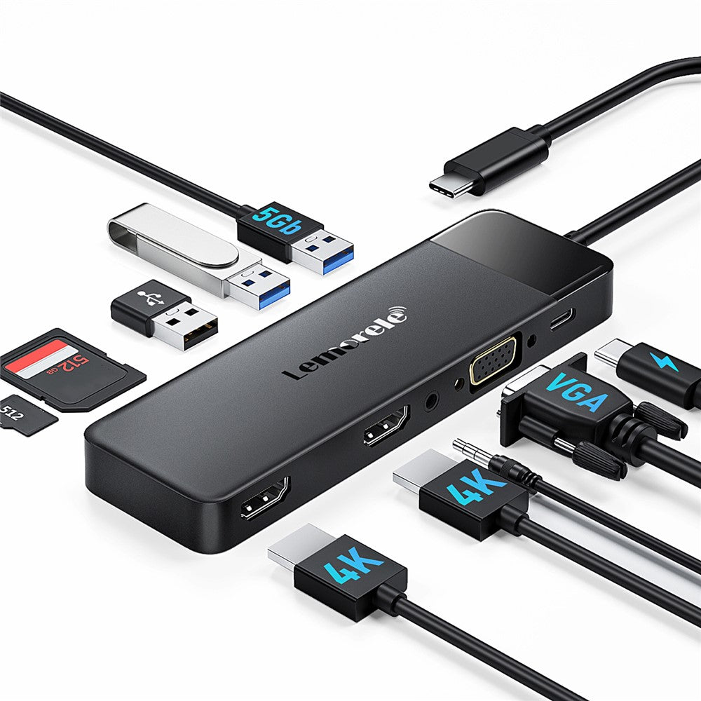 LEMORELE TC94 10-in-1 USB-C Hub Type-C to Dual HD+VGA+USB 3.0x2+USB 2.0+3.5mm Audio+Type-C PD 100W Fast Charging SD TF Card Reader Converter for Laptop