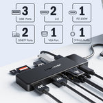 LEMORELE TC94 10-in-1 USB-C Hub Type-C to Dual HD+VGA+USB 3.0x2+USB 2.0+3.5mm Audio+Type-C PD 100W Fast Charging SD TF Card Reader Converter for Laptop