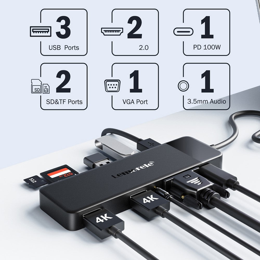 LEMORELE TC94 10-in-1 USB-C Hub Type-C to Dual HD+VGA+USB 3.0x2+USB 2.0+3.5mm Audio+Type-C PD 100W Fast Charging SD TF Card Reader Converter for Laptop