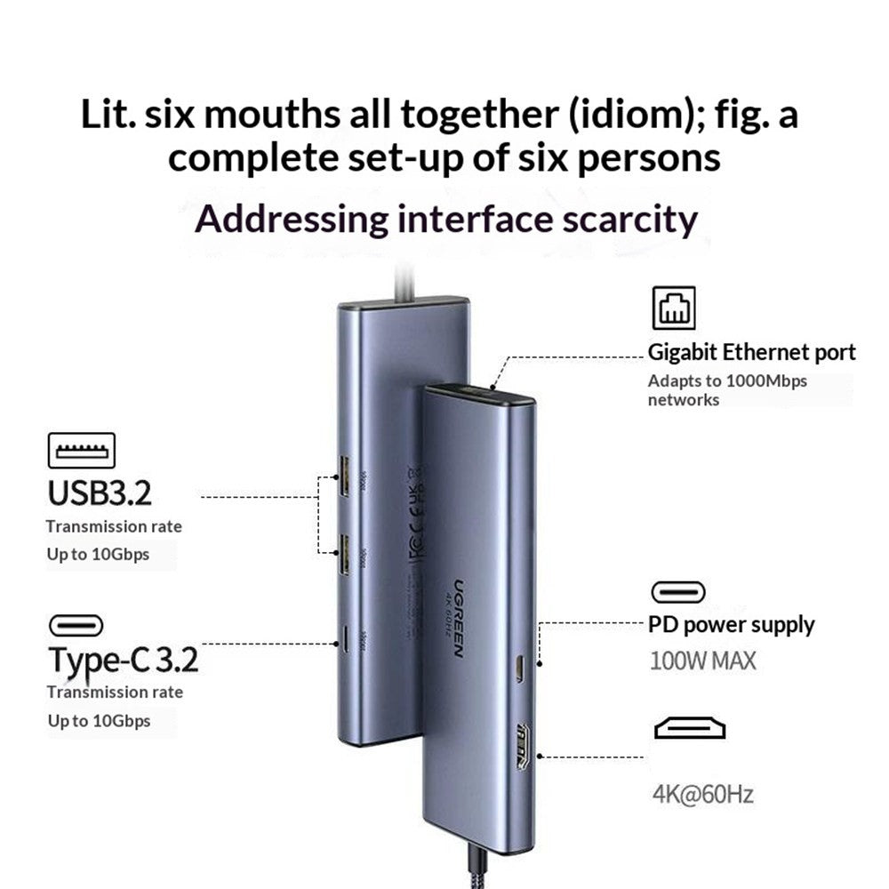 UGREEN CM512-45000 6-i-1 USB-C Hub Dockingstation med PD 100W Hurtigopladning 4K / 60Hz HD-udgang Gigabit Ethernet-adapter