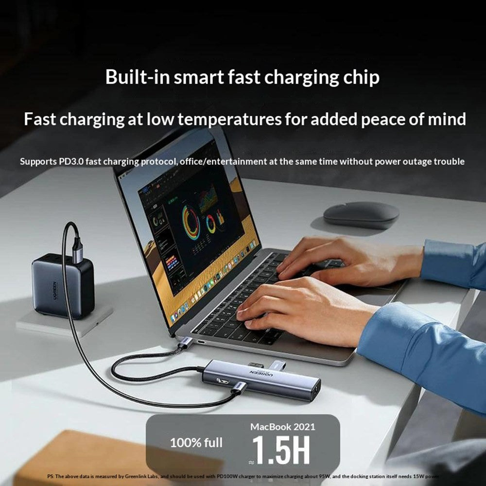 UGREEN CM512-45000 6-i-1 USB-C Hub Dockingstation med PD 100W Hurtigopladning 4K / 60Hz HD-udgang Gigabit Ethernet-adapter